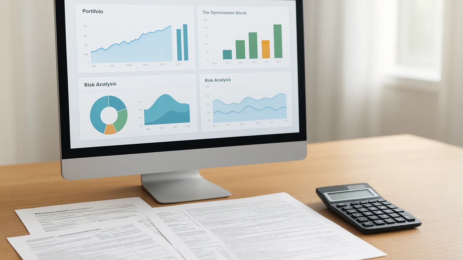 Desktop monitor displaying financial dashboard with real-time portfolio data, tax optimization alerts, and risk analysis charts alongside traditional paper tax documents and calculator.